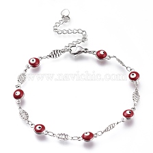 304 Stainless Steel Link Bracelets, with Enamel and Lobster Claw Clasps, Evil Eye & Oval, Red