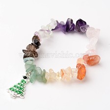 Christmas Tree Natural Gemstone Beaded Charm Kids Bracelets, with Alloy Rhinestone Enamel Pendants, for Children