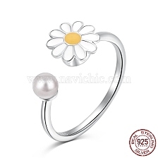 925 Sterling Silver Open Finger Rings, with Enamel & 925 Stamp for Women, Daisy Flower Anxiety Worry Fidget Spinner Ring, Real 18K Gold/Platinum Plated