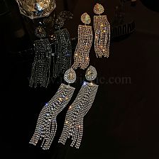 Wholesale Jewelry 1 Pair Shiny Water Droplets Tassel Alloy Crystal Silver Plated Drop Earrings