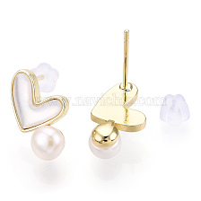 Natural White Shell Heart & Pearl Stud Earrings, Brass Earring with 925 Sterling Silver Pins