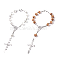 2Pcs 2 Style Religious Prayer Beaded Rosary Bracelets, Virgin Mary Crucifix Cross Long Alloy Charm Bracelets with Plastic Pearl and Wood Beads for Easter