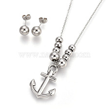 304 Stainless Steel Stud Earrings & Pendant Necklaces Jewelry Sets, Anchor and Round