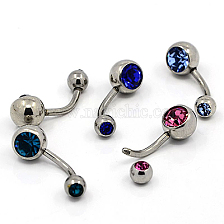 Fashionable 304 Stainless Steel Belly Rings, with Rhinestones, 24x8mm, Pin: 1mm