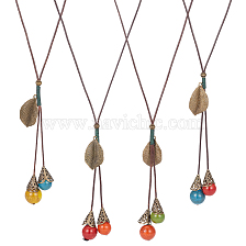 ANATTASOUL 4Pcs 4 Colors Polyester Cords Lariat Necklaces Set, Alloy Leaf & Ceramics Beads Pendant Necklaces