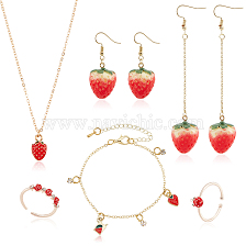 ANATTASOUL Strawberry Brass Enamel Pendant Necklace & Dangle Earrings & Open Cuff Ring & Charm Bracelet Jewelry Sets, Light Gold Alloy Jewelry Set for Women