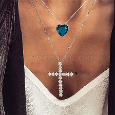 Ocean Heart 2 Layers Crossed Blue Rhinestone Multi-layer Chain Necklace Set