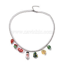 Glass Seed Beaded & 304 Stainless Steel Cable Chain Double Layer Necklace, Gift & Tree & Snowman Lampwork Pendants Christmas Necklace for Women