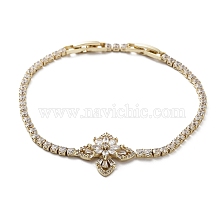 Brass Flower Link Bracelet with Clear Cubic Zirconia Tennis Chains, Long-Lasting Plated