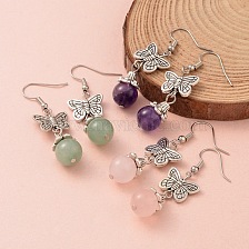 Butterfly Alloy Dangle Earrings, with Natural Gemstone Bead and Brass Earring Hooks, 49mm, Pin: 0.6mm