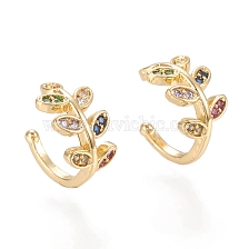 Brass Micro Pave Cubic Zirconia Cuff Earrings, Leaf, Colorful