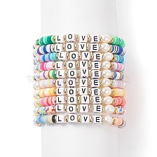 10Pcs 10 Color Handmade Polymer Clay Disc Surfer Stretch Bracelets Set, Natural Pearl & Acrylic Word Love Stackable Preppy Bracelets for Women