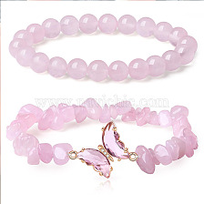 Fashionable minimalist butterfly accessory bracelet set with natural stone crystal beads.