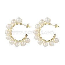 Natural Pearl Beaded Stud Earrings, Brass Wire Wrap Half Hoop Earrings for Women