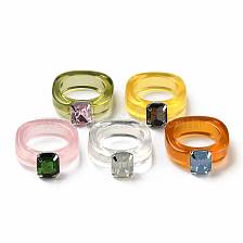 Resin Finger Rings, with Plastic Rhinestone, Rectangle, Platinum