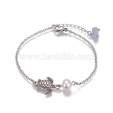 Stainless Steel Link Bracelets, with Pearl Beads, Natural Aquamarine Beads and Alloy Findings, Sea Turtle