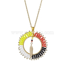 Glass Seed Beads Pendants Necklaces, Flat Round with Feather