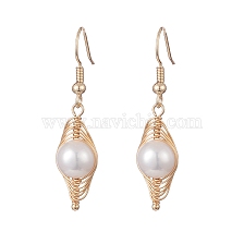 Natural Pearl Dangle Earrings, Golden Copper Wire Wrap Jewelry for Women