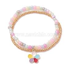 Glass Seed Double Layer Multi-strand Bracelets, Stretch Bracelet with Alloy Enamel Flower Charms