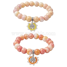 2Pcs 2 Colors 10.5mm Round Opaque Crackle Glass Beaded Stretch Bracelet Sets, Alloy Tree of Life Charm Bracelets