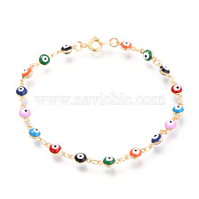 Real 18K Gold Plated Evil Eye Brass Enamel Link Bracelets, 200mm