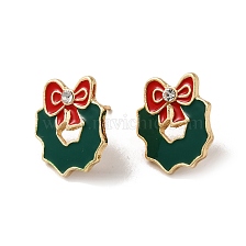 Enamel Christmas Wreath Alloy Glass Rhinestone Stud Earrings for Women, with 304 Stainless Steel Pin, Cadmium Free & Nickel Free & Lead Free