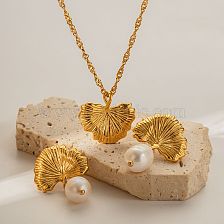 Elegant Retro Ginkgo Leaf Stainless Steel Imitation Pearl Plating 18K Gold Plated Earrings Necklace