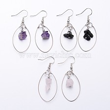 Natural Gemstone Dangle Earrings, with Steel Memory Wire and Brass Earring Hooks, Platinum