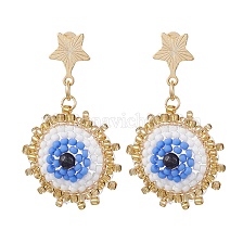 Synthetic Blue Goldstone Ear Studs, with Glass Seed Beads and 201 Stainless Steel Stud Earring Findings, Eye with Star