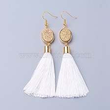 Ice Silk Thread Tassel Dangle Earrings, with Electroplated Natural Druzy Quartz Crystal and Brass Earring Hooks, Golden