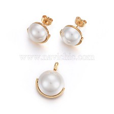 304 Stainless Steel Jewelry Sets, Pendant and Stud Earrings, with Acrylic Pearl Beads, Half Round