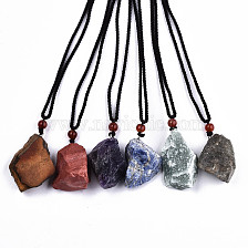 Natural Gemstone Pendant Necklaces, Slider Necklaces, with Random Color Polyester Cords, Rough Raw Stone