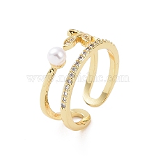 Brass Micro Pave Cubic Zirconia Open Rings, Leaf with Plastic Imitation Pearl Cuff Rings for Women