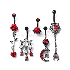 Hyacinth Rhinestone Charm Dangle Belly Rings, Alloy Belly Ring with 304 Stainless Steel with Pins for Women