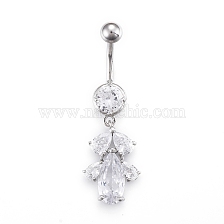 Piercing Jewelry, Brass Cubic Zirciona Navel Ring, Belly Rings, with 304 Stainless Steel Bar