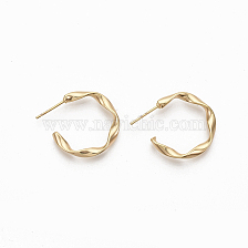 Semicircular Brass Stud Earrings, Half Hoop Earrings, Twited Letter C Shape, Nickel Free, Real 18K Gold Plated