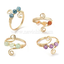 4Pcs 4 Style Natural Mixed Gemstone Round Beaded Finger Rings, Light Gold Copper Wire Wrapped Vortex Stackable Rings