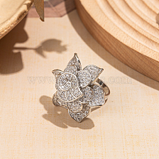 Luxurious Camellia Flower Copper Inlaid Zircon Ring for Wedding Banquet.