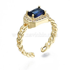 Brass Micro Pave Cubic Zirconia Cuff Rings, Open Rings, Rectangle Octagon, Curb Chain, Real 16K Gold Plated, Nickel Free