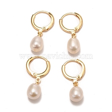 Brass Hoop Earrings, with Natural Pearl, Long-Lasting Plated, Real 18K Gold Plated, White, 25mm, Pin: 0.8mm