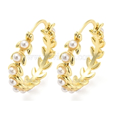 Rack Plating Brass Leaf Wreath Hoop Earrings with Plastic Pearl Beaded, Lead Free & Cadmium Free