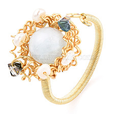 Natural Pearl & Gemstone Braided Beaded Flat Round Open Cuff Ring, Brass Wire Wrapped Jewelry for Women