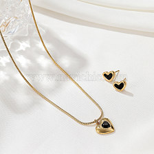 Fashionable ladies' heart-shaped pendant necklace with black diamond decoration, 18K gold-plated.