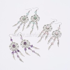 Natural Gemstone Dangle Earrings, with Brass Earring Hooks and Alloy Pendants, Woven Net/Web with Feather