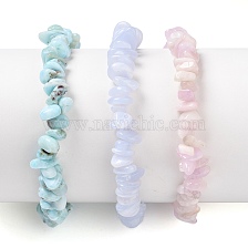 Chips Natural Larimar & Blue Lace Agate & Kunzite Beaded Stretch Bracelets Sets, Stackable Bracelets, Inner Diameter: 2-1/8 inch(5.5cm), 3pcs/set