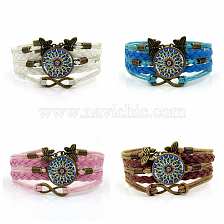 PU Leather Multi-strand Bracelet, Glass Mandala & Alloy Butterfly Links Bracelet for Women