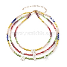 3 Layer Necklaces, Initial Necklace, with Glass Beads, Glass Seed Beads and Natural Shell Letter Beads, Golden