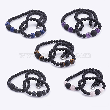 Natural Gemstone Beaded Necklaces & Stretch Bracelets Jewelry Sets, with Natural Lava Rock Beads & Brass Lobster Claw Clasps