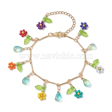 Glass Seed Beads & Acrylic Flower Charm Bracelets, Brass Bar Link Chain Bracelets for Women, Golden