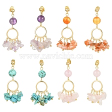 4 Pair 4 Style Golden Brass Ring Chandelier Earrings, Natural & Synthetic Mixed Gemstone Chips Drop Earrings